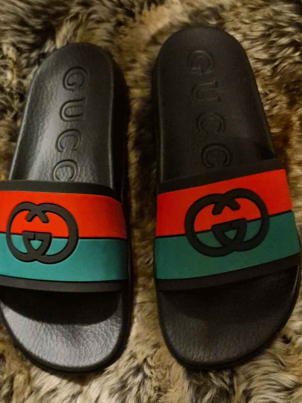 Gucci Black Slides with Red and Green Web Stripe and GG Logo